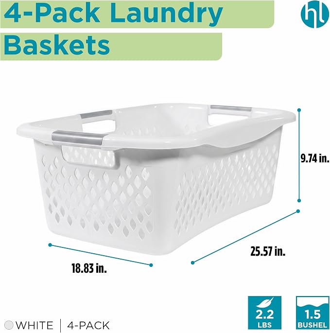 Home Logic 1.5 Bushel Plastic Laundry Basket Front Load, Large Laundry Hamper with Handles, Ventilated Clothes Organizer for Bedroom Bathroom Closet, 4 Pack, White - Image 2