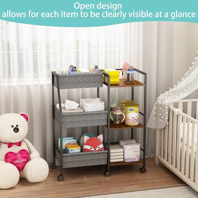 Rolling Nursery Diaper Caddy Organizer Cart, 3-Tier with Dividers - Image 7