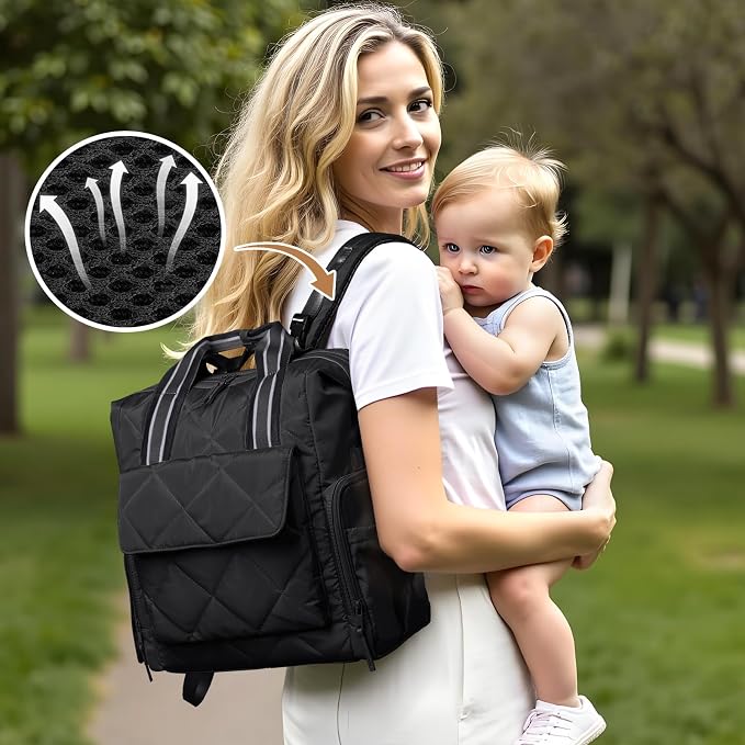Omanmoli Diaper Bag Backpack Quilted Baby Bag Travel Breast Pump Backpack | 11 Organizing Pouches,Large Insulated Cooler Compartment,Wipe Pocket,Insulated Pocket,Stroller Straps,Changing Pad - Image 7