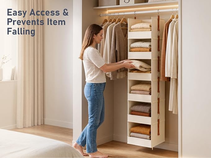 DIMJ Hanging Closet Organizer - 6-Tier Modular Hanging Shelves with Zippers Hooks, Collapsible Baskets for RV, Dorm, Small Spaces, Fabric Storage Bins for Clothes, Handbags - Image 7