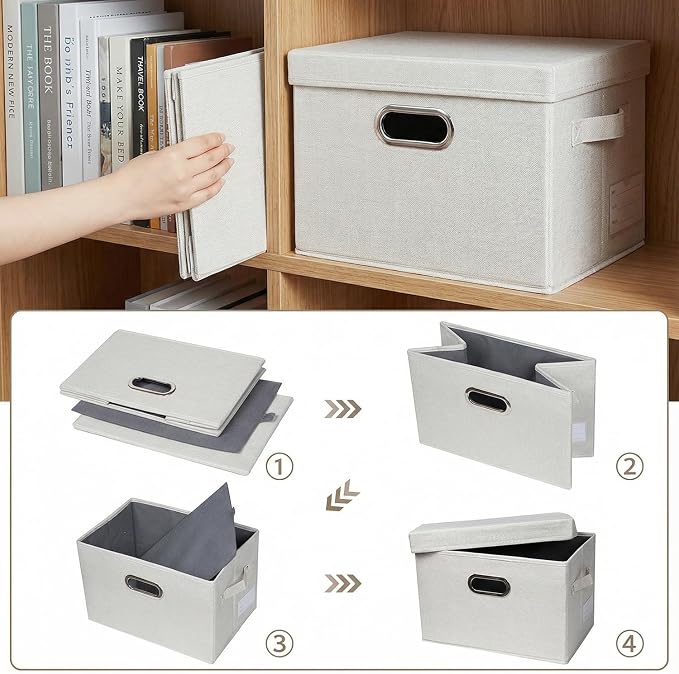 Storage Bins with Lids [3-Pack] Linen Fabric Foldable Storage Boxes Organizer Containers Baskets Cube with Cover for Bedroom Closet Office Beige（11.4X8.6X6.7 - Image 5