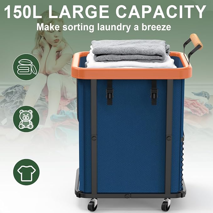 150L Laundry Basket with Wheels, Rolling Basket Hamper with Lid & Handle | Laundry Organizer Storage Cart with Heavy Duty Sturdy Metal Frame for Home, Hotel, Laundry Room - Dark Blue - Image 2