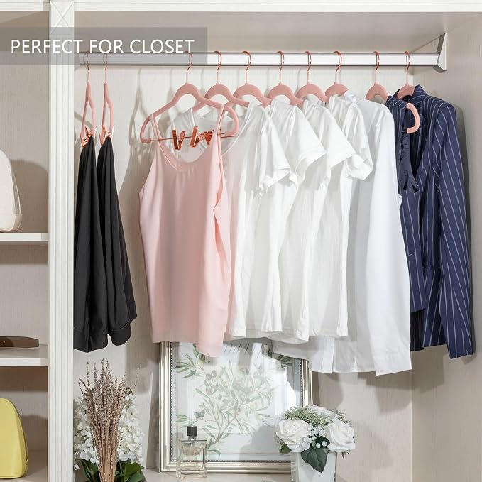 MIZGI Premium Velvet Pants Hangers with Clips (Pack of 30) Slim Skirt Hangers- Non Slip Felt Outfit Dress Hangers Blush Pink - Copper/Rose Gold Hooks,Space Saving Shirt Clothes Hangers - Image 5