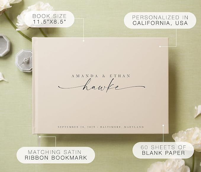 Personalized Guest Book - 11.5" x 8.5" Custom Bride & Groom Names with Bookmark and Hard Cover 140 GSM Blank Pages, for Weddings Guest Book, Engagements, Birthdays, Special Events, Oats - Image 2