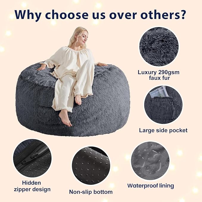 Bean Bag Chair Cover(No Filler) Soft Faux Fur Stuffed Animal Bean Bag Storage, Fluffy Plush Bean Bag Chair Cover Washable, Comfy Bean Bag Chairs for Adults, 6FT, Dark Grey - Image 5
