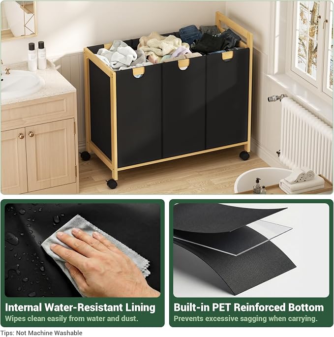250L Laundry Sorter Cart with Wheels, 3-Section Rolling Laundry Basket with Removable Bags, 66 Gal Large Laundry Hamper Organizer, Heavy Duty Bamboo Frame, Water-Resistant, Black - Image 6