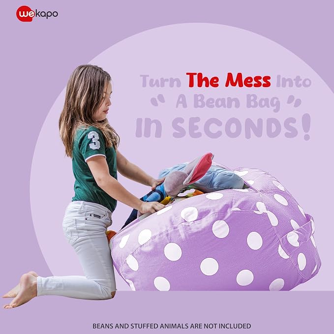 WEKAPO Stuffed Animal Storage Bean Bag Chair Cover for Kids | Stuffable Zipper Beanbag for Organizing Children Plush Toys Large Premium Cotton Canvas (Purple Dot, X-Large) - Image 2