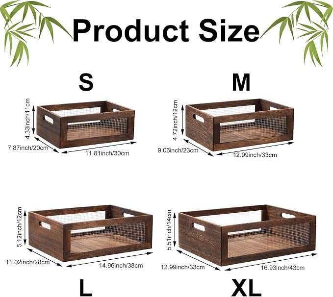 FillTouch 4 Pcs Wooden Nesting Countertop Baskets 4 Size Wooden Storage Box with Handle and Metal Wire Multipurpose Wood Organizer Crate for Fruit Vegetable Kitchen Cabinet Bathroom(Dark Brown,Large) - Image 2