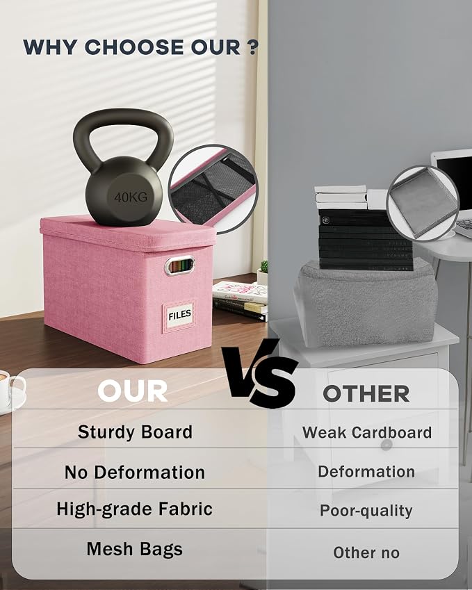 File Organizer Box with Lid, Hanging Filing File Box with Mesh Pocket, Document Organizer Box for Letter Files, Portable Storage Box with Smooth Sliding Rail for Office&Home (1 PCS, Pink) - Image 3