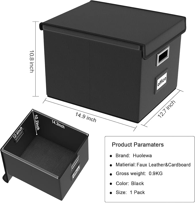 File Organizer Box with Lids, Collapsible File Folder Organizer | File Box with Plastic Slides for Document, Filing Bin for Letter Size Hanging File Folders (4 Pack, Black, Leather) - Image 7