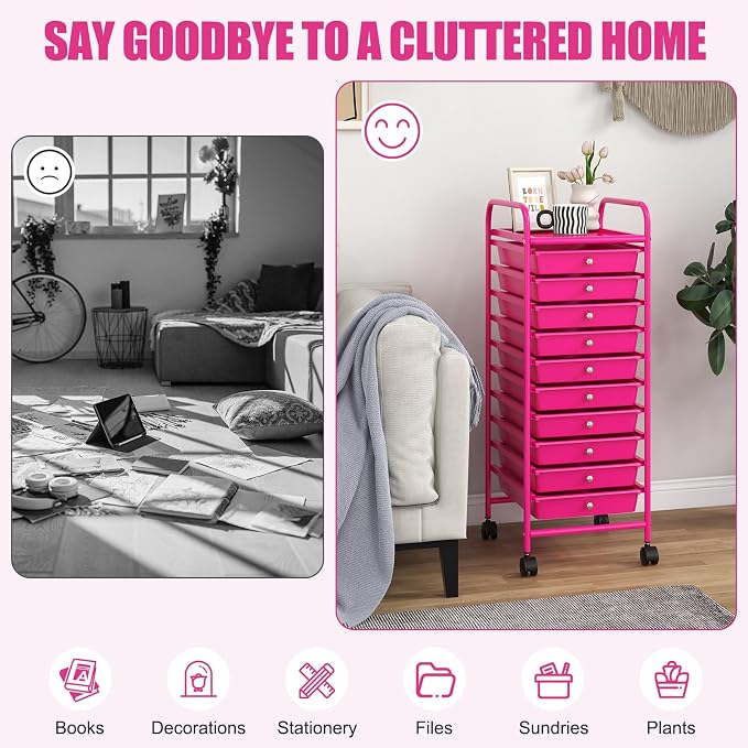 GOFLAME 10-Drawer Rolling Storage Drawer Cart, Utility Cart with Removable Drawers & Metal Frame, Mobile Art Craft Drawer Cart with Lockable Wheels for Home, Office, Studio, School, Hot Pink - Image 7