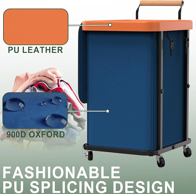 150L Laundry Basket with Wheels, Rolling Basket Hamper with Lid & Handle | Laundry Organizer Storage Cart with Heavy Duty Sturdy Metal Frame for Home, Hotel, Laundry Room - Dark Blue - Image 4