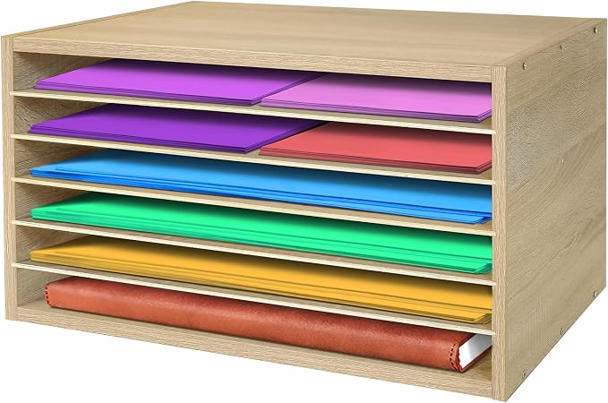 Construction Paper Organizer 20" x 13.5" x12.2",Soild Wooden Paper Organizer with 6-Tier Letter Trays, Desktop File Papers Sorter for Home, Classroom and Office (White Oak) by Hamstercages
