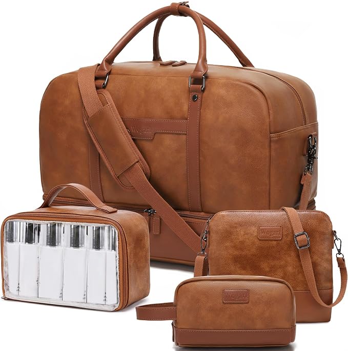 4-in-1 Waterproof Faux Leather Overnight Travel Bag for Women Men | Hospital Gym Weekender Bag Carry On Personal Item Travel Duffel Bags with Shoe Compartment Toiletry Bag Fit 21" Laptop by Wogarl