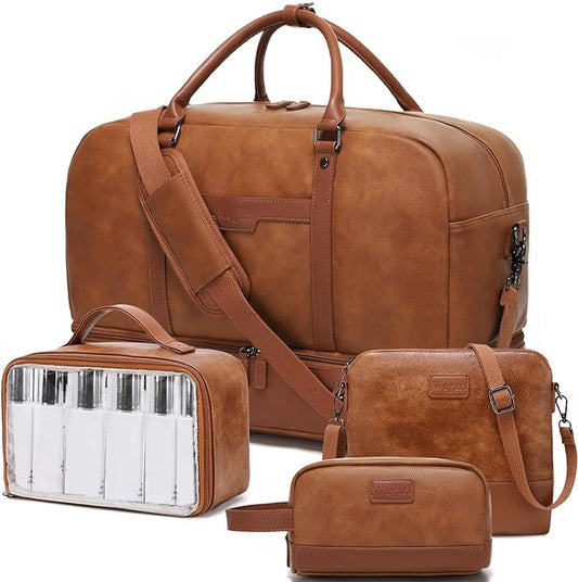 4-in-1 Waterproof Faux Leather Overnight Travel Bag for Women Men | Hospital Gym Weekender Bag Carry On Personal Item Travel Duffel Bags with Shoe Compartment Toiletry Bag Fit 21" Laptop by Wogarl