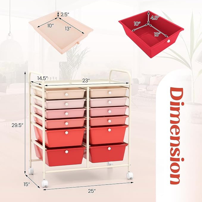 12 Drawer Rolling Storage Cart, Craft Cart Organizer on Wheels w/Metal Frame, Large Capacity & Smooth Drawer, Rolling Cart w/Drawers for Classroom, Office - Image 3