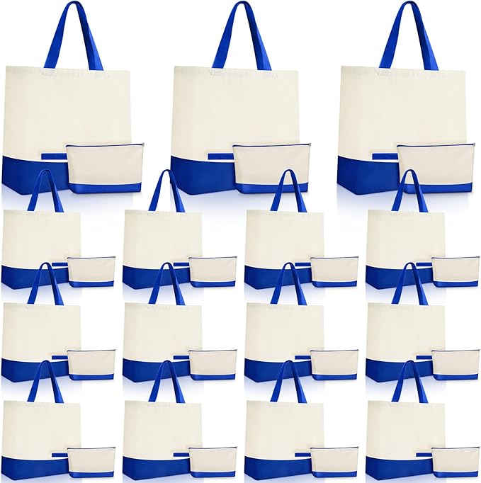 Sanwuta 30 Pcs Canvas Tote Bags Bulk with Zipper Cosmetic Pouch,Navy Blue | 18.5" Reusable Cotton Shopping Bag with Handle for DIY Craft by Sanwuta