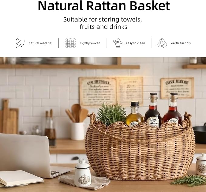 Scalloped Round Basket with Handle, Super Sturdy Wicker Storage Baskets, Hand Woven Basket for Shelves,Natural Baskets for Organizing (Rattan(12.6 * 9 * 6.1)) - Image 2