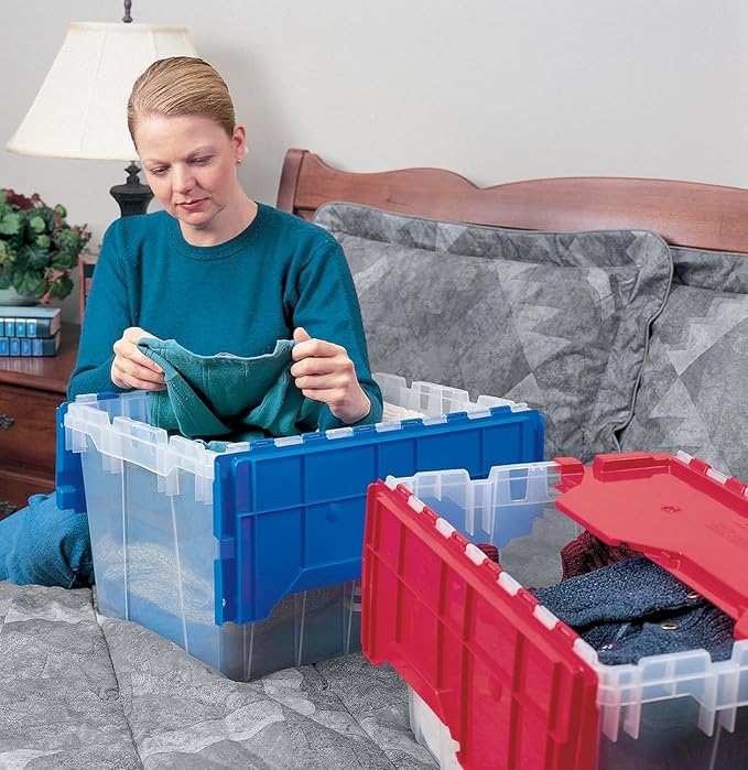 Akro-Mils KeepBox 12 Gallon Storage Container, Nesting and Stackable Plastic Storage Box with Lid Attached, Clear Tote for Garages, Closets, and Moving, 21-1/2" x 15" x 12-1/2", Clear/Blue, 6-Pack - Image 4