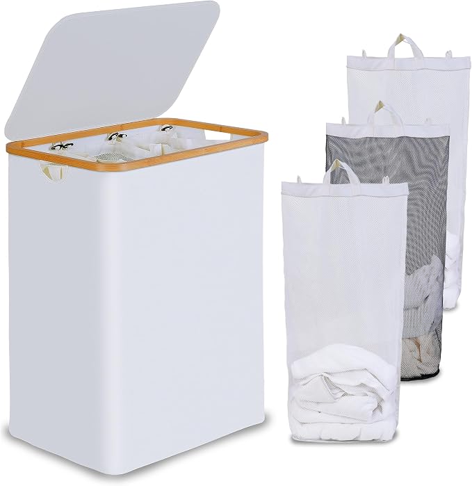 efluky Laundry Hamper with Lid, Trio Laundry Basket with 2 Removable Bags, 3 Section Laundry Bin with Bamboo Handles for Bathroom, Bedroom & Laundry Room, 160L (42.3 Gallon) White by efluky