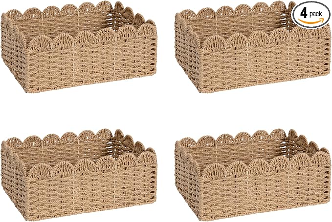 4 Pack Foldable Scalloped Basket, Handwoven Wicker Storage Baskets for Shelves Books Toys Towels, 14" L x 10.5" W x 6" H Natural Paper Rope Rattan Baskets for Organizing Boho Farmhouse Home Decor by Unknown