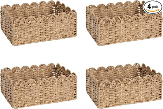 4 Pack Foldable Scalloped Basket, Handwoven Wicker Storage Baskets for Shelves Books Toys Towels, 14" L x 10.5" W x 6" H Natural Paper Rope Rattan Baskets for Organizing Boho Farmhouse Home Decor by Unknown