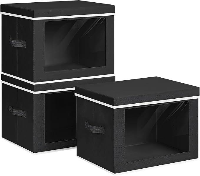 Large Storage Baskets Bins with Lids - Stackable Cube Bins for Closet, 3 Pack Black Windows Organizer Bins, Home Organizers and Storage for Clothes, CD, Towels by Homsorout