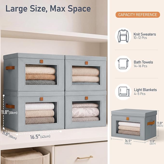 DIMJ Storage Bins with Lids - 4 Pack Front Opening Stackable Fabric Storage Boxes with Clear Window & Handles, Collapsible Closet Organizers for Clothes, Sweaters, Shelf Storage, Bedroom, Gray - Image 6