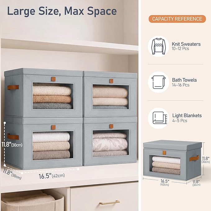 DIMJ Storage Bins with Lids - 4 Pack Front Opening Stackable Fabric Storage Boxes with Clear Window & Handles, Collapsible Closet Organizers for Clothes, Sweaters, Shelf Storage, Bedroom, Gray - Image 6