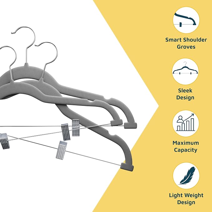 Lifemaster Velvet Skirt Hangers – with Adjustable Clips, 360 Degree Swivel Hook, and Non-Slip Shoulder Notch, Holds Up to 10 lbs, for Organizing Skirt, Pants, Dress, and Clothes, Pack of 20, Gray - Image 5