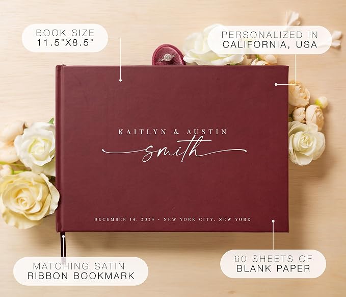 Personalized Guest Book - 11.5" x 8.5" Custom Bride & Groom Names with Bookmark and Hard Cover 140 GSM Blank Pages, for Weddings Guest Book, Engagements, Birthdays, Special Events, Wine - Image 2