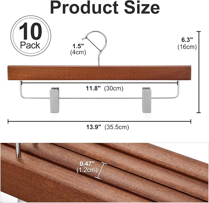 TOPIA HANGER Lotus Wood Pants Hangers, Walnut Wooden Skirt Short Jeans Trouser Hanger with Smooth Surface 360° Swivel Hook Anti Rust 2 Adjustable Clips, 10 Pack CT10PWA - Image 3