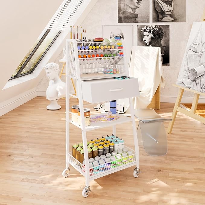 3 Tier Rolling Cart - Metal Utility Cart with Storage Drawer and Wheels, Versatile Art & Craft Organizer for Home, Office, or Studio - Ideal for Storing Brushes, Paints, and Supplies（White） - Image 7