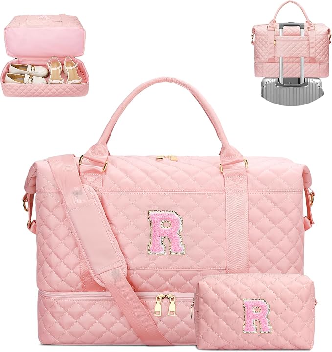 Gifts for Teen Girls-Monogram Overnight Bags Duffle Bag(Pink,R) | Gifts for Teen Girls-Overnight Bags with Toiletry Bag-Weekender Bags with Shoe Compartment for Travel by Unknown