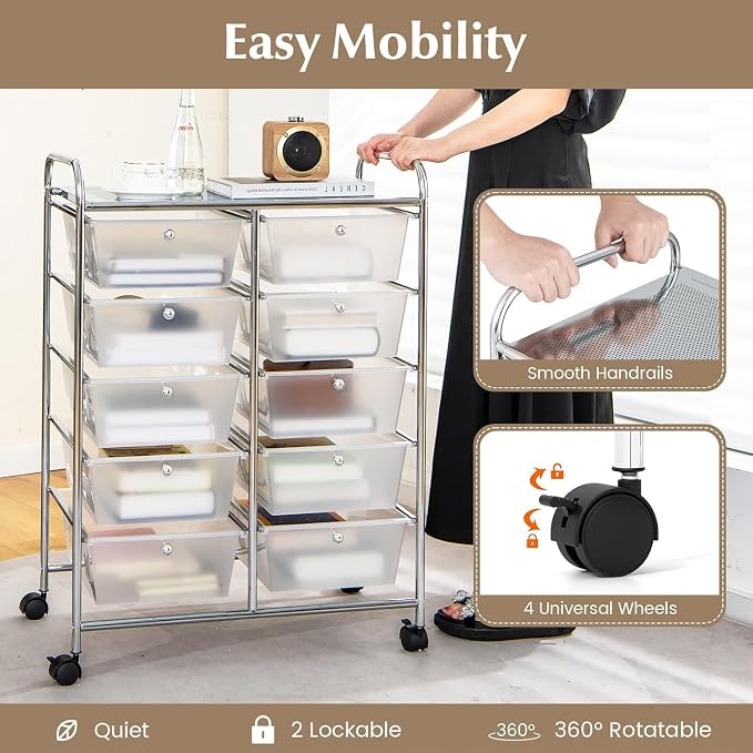 10 Drawer Rolling Cart, Storage Cart Organizer on Wheels, Drawer Cart with Metal Frame & Large Storage Capacity, Rolling Cart with Drawers for Living Room Classroom, Office - Image 4