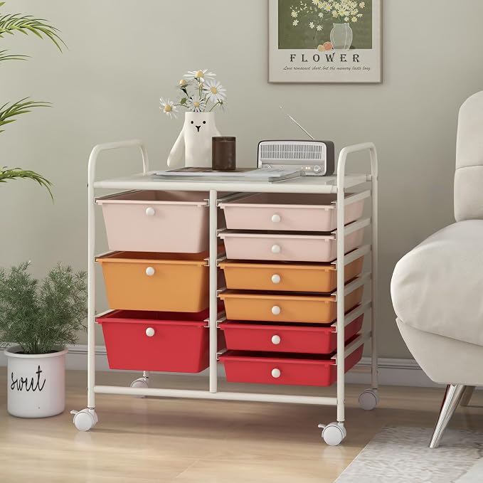 9 Drawer Rolling Storage Cart, Rolling Cart with Drawers for Classroom, Art Supply Craft Organizer on Wheel with Metal Frame & Handles for Home Office School - Image 9