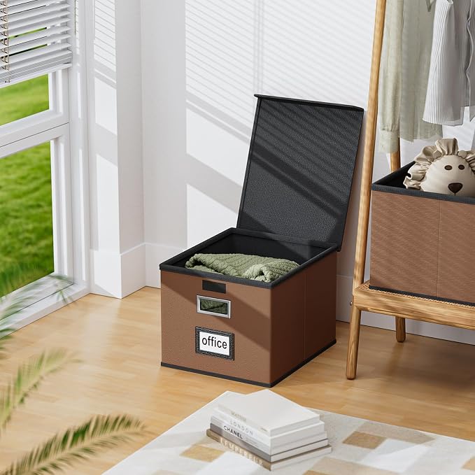 Foldable File Organizer Box with Lids (1 Pack, Brown, Leather) | File Box with Plastic Slides for Document, Filing Bin for Letter Size Hanging File Folders (1 Pack, Brown, Leather) - Image 5