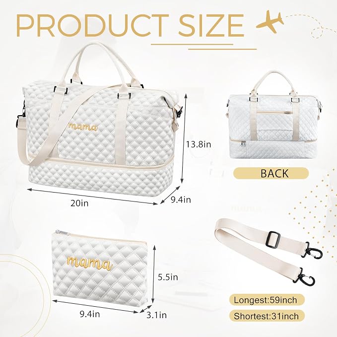 Dansydaisy Mama Hospital Bag for Women Labor Delivery,White | Travel Duffle Bag with Shoe Compartment and Toiletry Pouch Waterproof Weekender Bag for Women Pregnancy Overnight Gym Gift - Image 2