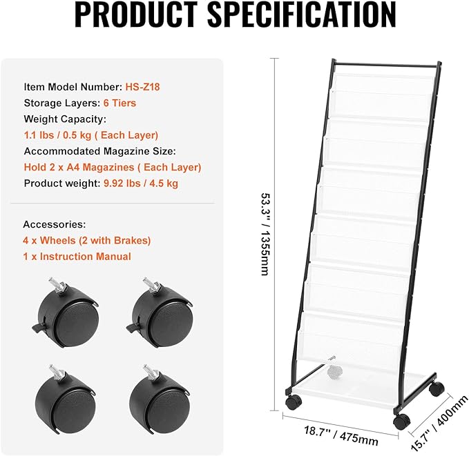 VEVOR Brochure Display Rack, 6-Tier Magazine Literature Display Stand, Floor Standing Magazine Rack Newspaper Catalog Holders, Movable with 4 Wheels (2 Lockable) for Shop Exhibitions Office, 6 Pockets - Image 7
