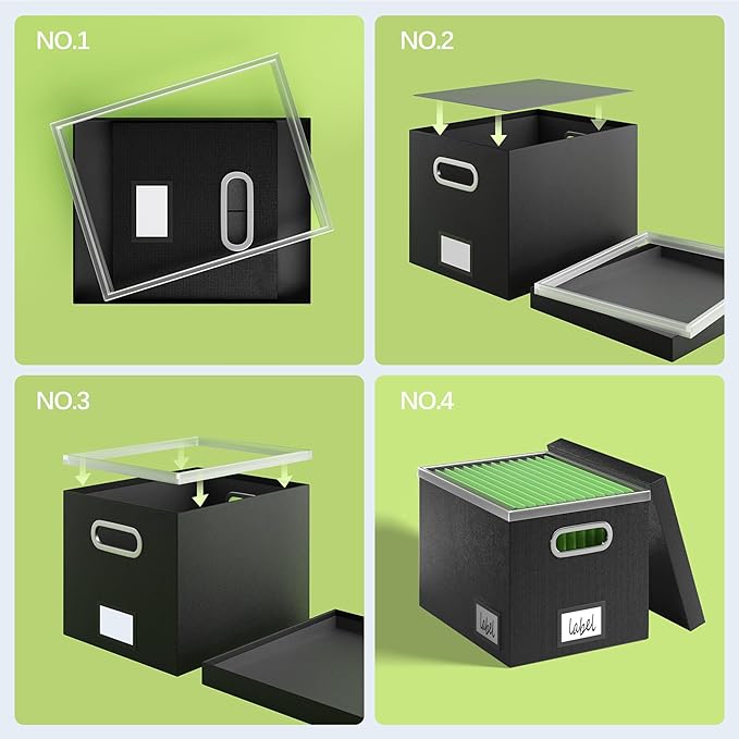 File Organizer Box File Boxes for Hanging Files with Lid Set of 3 Decorative Hanging Folders Letter Size Organizer with One-Piece Plastic Frame Slides (13.2 * 10.1 * 10.1in(3Pack), Black) - Image 5