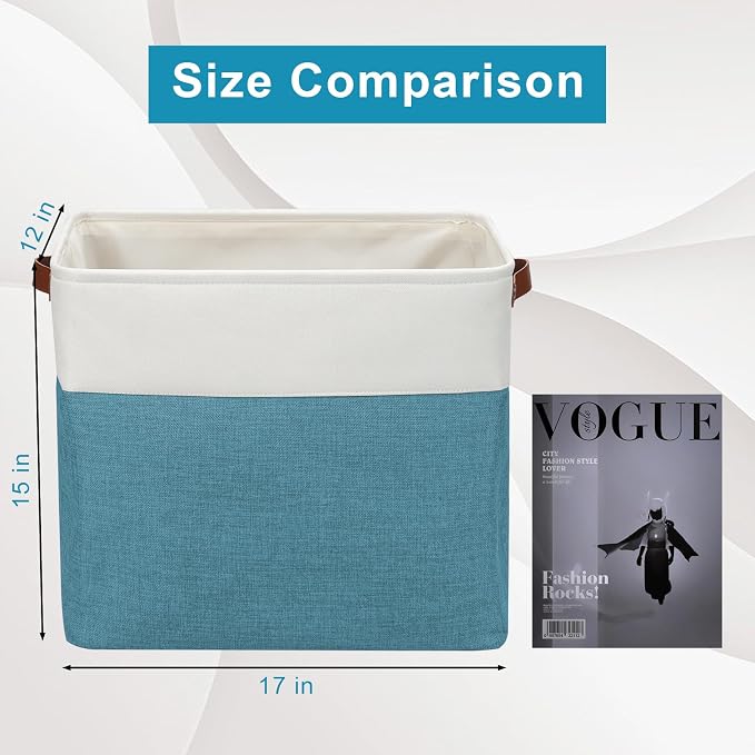 Large Fabric Storage Baskets | 50L Storage Bins, Decorative Linen Closet Baskets with Handles for Organizing, Shelf, Toys, Clothes, Home, Office, Nursery, 17x12x15Inches (Teal&White) - Image 3