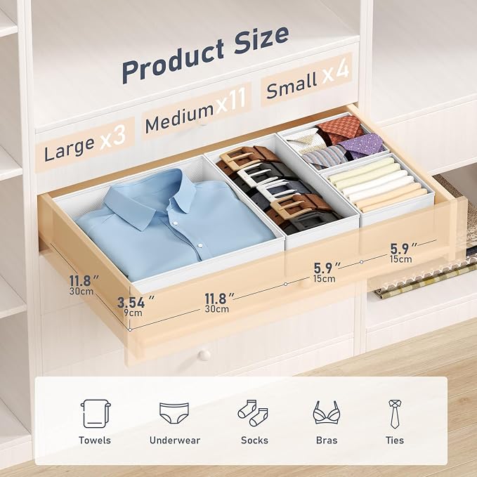 DIMJ Drawer Organizer Clothes Storage - 18 Pack Baby Dresser Organizer for Nursery, Foldable Closet Drawer Organizer Bins for Bedroom Organization, Fabric Storage Dividers for Socks, Underwears, White - Image 2