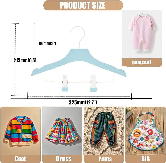 Blue 12.7" Ultra-Thin Wooden Children Closet Clothes Clips Hangers 20PCS Wood Baby Kids Coat Hangers for Infant Toddler Newborn Jumpsuit Pants Skirts Jeans Space Saving Heavy Duty Durable - Image 2