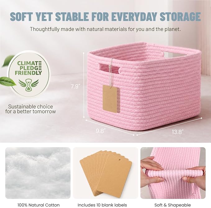5 Pack Woven Storage Baskets, Decorative Storage Bins for Organizing | 13.8'' × 9.8'' × 7.9'', Cute Cotton Rope Basket Organizer for Closet, Shelves, bathroom, Nursery, Toys, Books, Pantry, Pink - Image 3