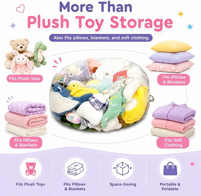 Clear Stuffed Animal Storage Bean Bag Chair Cover for Kids with Zipper | Transparent Waterparoof, Wipe Clean Thicker PVC, Holds 50+ Stuffed Animals, Double Zipper for Plush Toys Storage & Organizing - Image 7