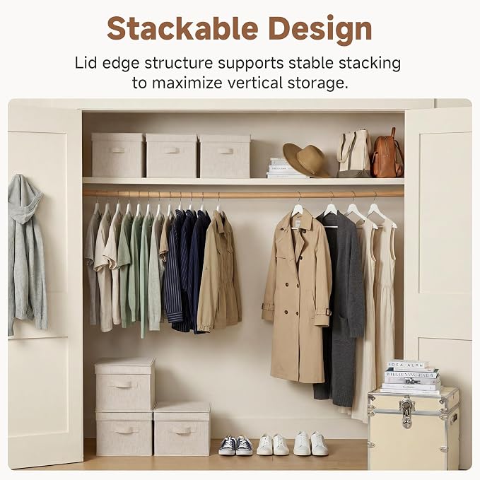 StorageWorks Fabric Storage Bins, Storage Basket with Lid, Closet Bins | Lidded Dust-proof, Easy Pull Handles, Foldable, Stackable, Ideal for Clothes Blanket Towel, Large, Rustic Linen, 3-Pack - Image 3