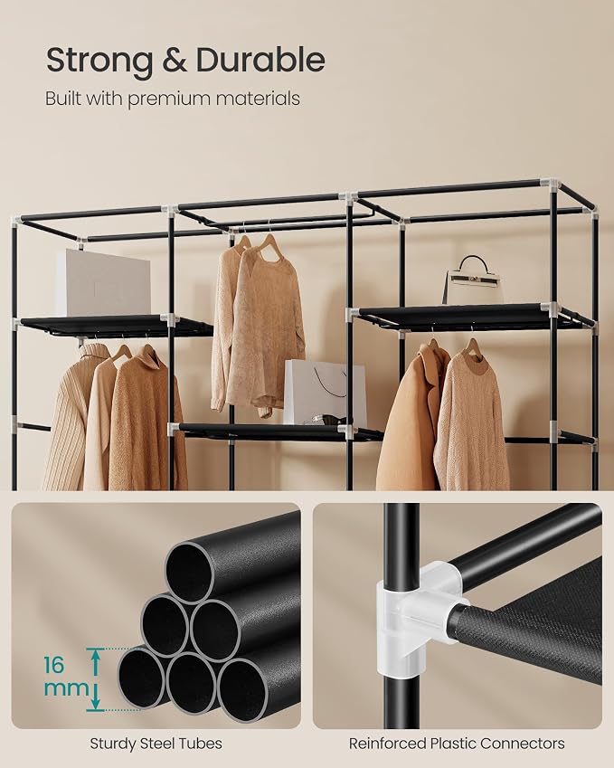 SONGMICS Portable Closet, Fabric Wardrobe, Clothes Rack with Shelves, Pockets, Large Capacity, 4 Hanging Rods, 74.4 x 17.7 x 70.9 Inches, Black URYG011BZ02 - Image 4