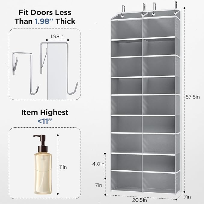 2 Pack 5-Tier Over The Door Organizer with 10 Side Mesh Pockets & Clear Windows, 80 lbs Weight Capacity Hanging Storage for Bathroom, Bedroom, Nursery, Kitchen, Organize Shoes, Diapers(Clear Grey) - Image 5