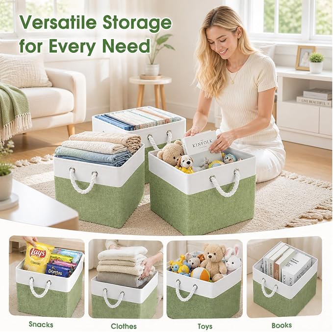 Fabric Storage Cubes 13 x 13, Collapsible Storage Bins for Shelf Baskets, Cube Storage Organizer White Green Bins with Cotton Handles, Foldable Storage Bin box, Cube Storage Bin 6 Pack - Image 2
