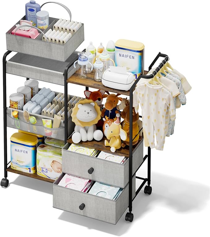 BBLIKE Diaper Caddy Organizer with Hanging Rack - 3 Tier Rolling Baby Storage Cart with Drawers and Side Pockets for Newborn Diaper Organization for Nursery, Crib, Bedroom, Changing Table, Gray by BBLIKE
